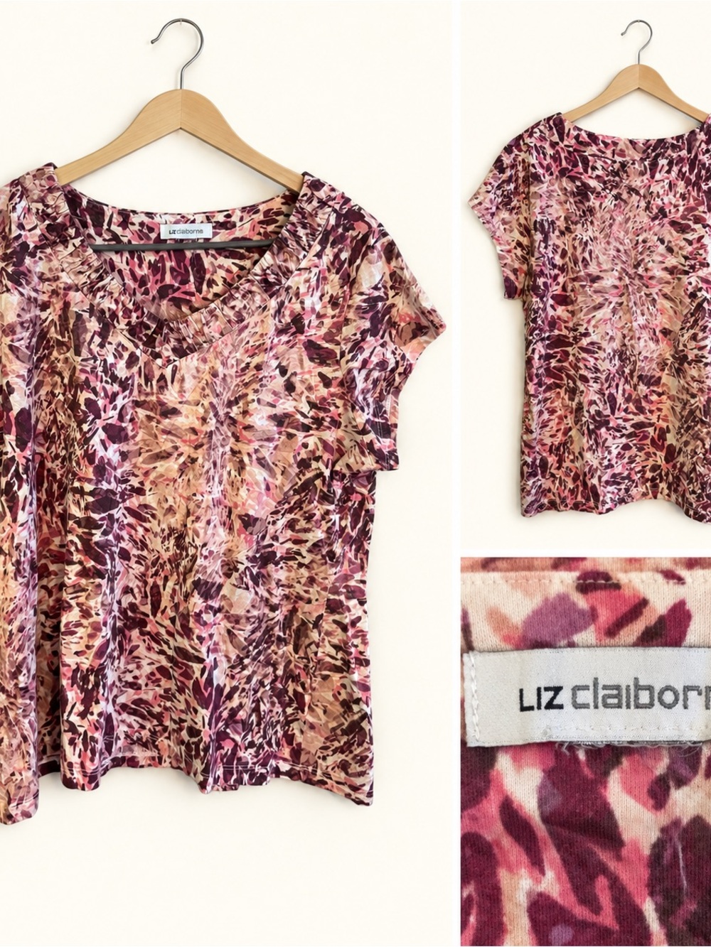 Liz Claiborne Pink and Tan Abstract Cap Sleeve Tee